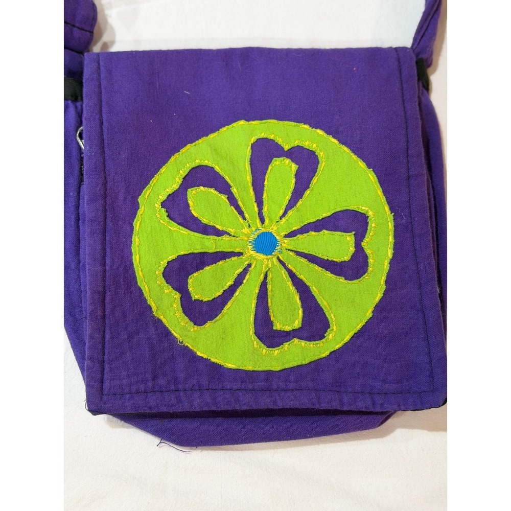 India Boutique Purple‎ Cotton Canvas Crossbody Bag Flower Applique Nepal Boho